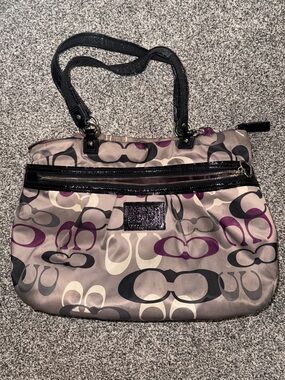 Coach Shoulder Bag in Taupe with Plum and Black Accents